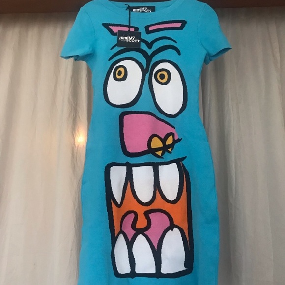 Authentic Jeremy Scott Blue Knit Cartoon Monster Face Dress - Picture 4 of 8
